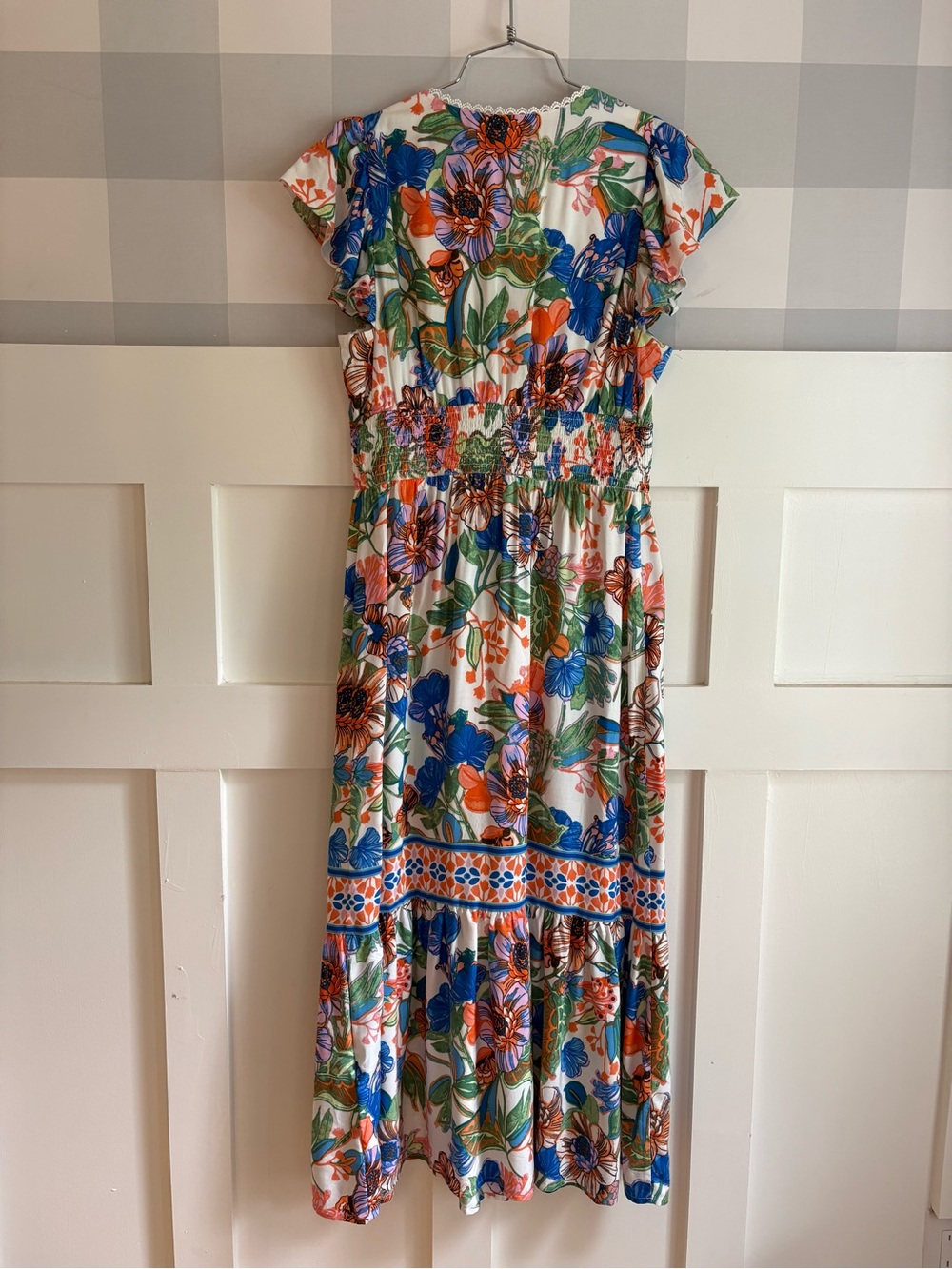 Adrianna Papell Blue and Orange Floral Smocked Maxi Dress 2 - Picture 8 of 9